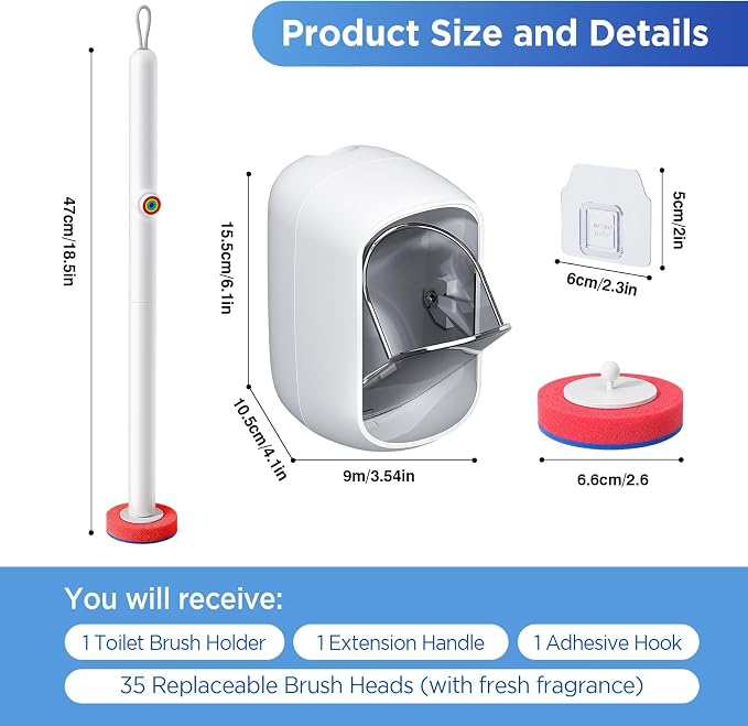 Disposable Toilet Brush, Wall Mounted Toilet Bowl Brush with 35 Colorful Refills, Toilet Bowl Brush with Storage Box for Deep Bathroom Toilet Cleaning (1 Handle + 35 Colorful Refills).