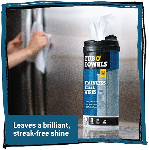 Tub O' Towels Heavy Duty Stainless Steel Cleaner Wipes 2 Pack – 40 Count Cleaning Wipes with 12 x 12 Microfiber Cloth for Appliances & Metal Surfaces