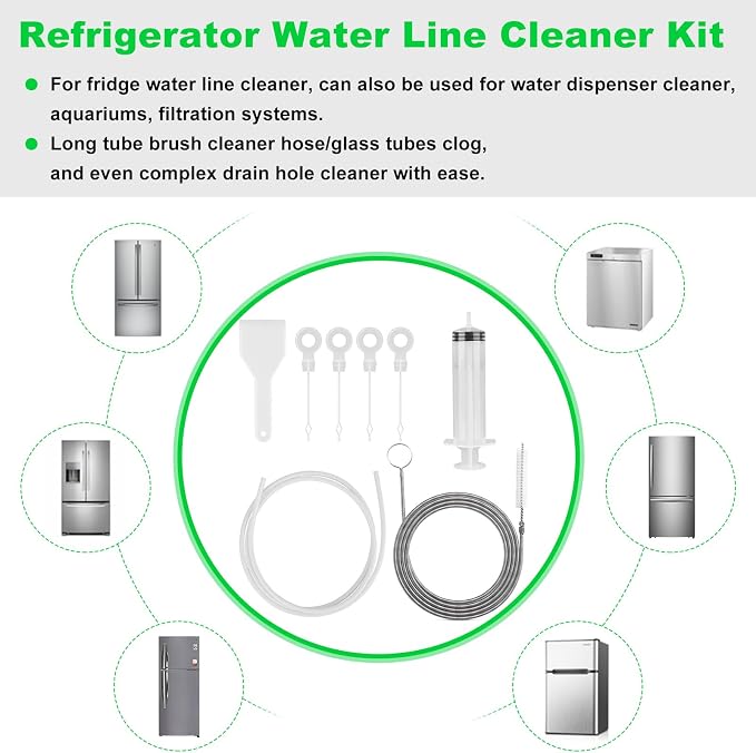 8 PCS Refrigerator Drain Cleaning Tool - Fridge Water Line Cleaner Kit with Long Tube Brush Cleaner, Water Dispenser Cleaning Kit