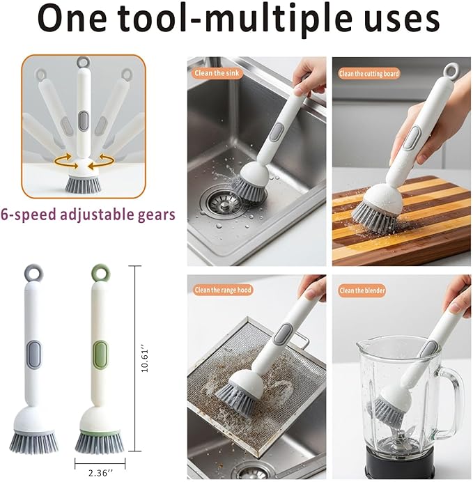 QMUNLLO 360° Rotating Dish Brush with Soap Dispenser, Non-Slip Long Handle Kitchen Scrubber Cleaning Set with Towel and Wall Hook, Ideal for Sink, Pans, Pots Cleaning(White)