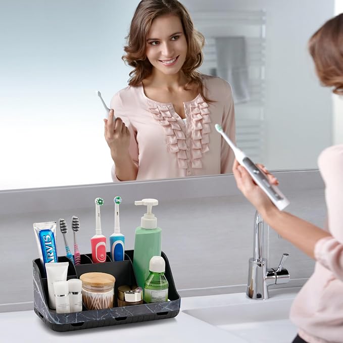 GFWARE Marble Black Toothbrush Holders for Bathrooms - Detachable 7 Slots Bathroom Organizer Countertop Matte Black Electric Toothbrush and Toothpaste Holder for Bathroom Counter Vanity Sink Storage