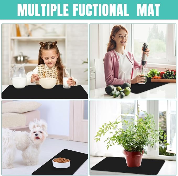 WISELIFE Coffee Mat Super Absorbent Dish Drying Mat Bar Accessories Match with Coffee Machine Large Drying Mats for Kitchen Counter 16" W x 24" L, Black