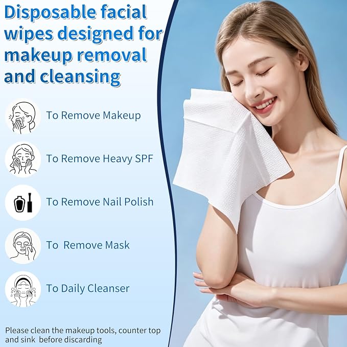 Disposable Face Towels, Biodegradable 100% USDA Face Towels, Ultra Soft Thick Face Wipes, Cleaning Facial Towels For All Skin Types, Skincare and Makeup Remover, Nursing, Travel, Dry Wipes (50 Ct)