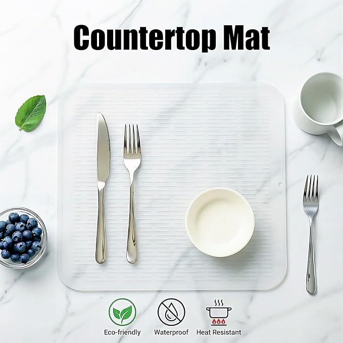 MicoYang Silicone Dish Drying Mat for Multiple Usage,Easy clean,Eco-friendly,Heat-resistant Silicone Mat for Kitchen Counter or Sink,Refrigerator or Drawer Liner Translucent XL 18 inches x 16 inches
