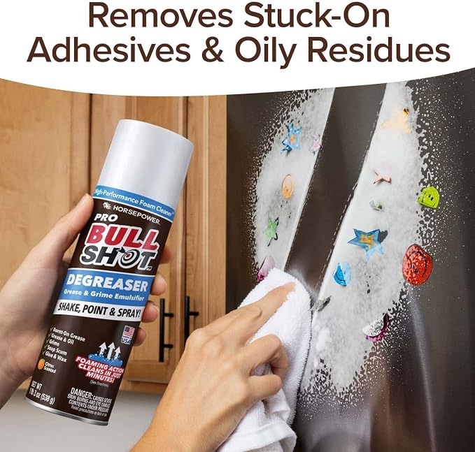Bull Shot Degreaser Pro, Foaming Degreaser & Grime Remover, Professional Strength AS SEEN ON TV Residue-Free, Shake, Point & Spray, Emulsifies Grease, Oil, Glue, Residue & More - Made in USA - 2PK