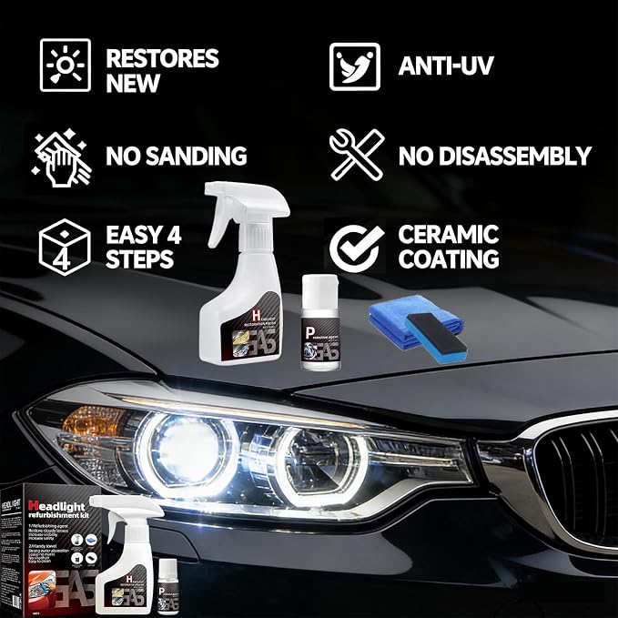 Headlight Restoration Kit, Headlight Cleaner: Erase Yellowing & Oxidation Restores Clarity with Long-Lasting UV Shield Headlight Cleaner and Restorer kit, Advanced Car Headlight Restoration Kit