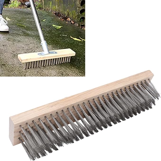 Hyuduo Floor Scrub Brush Heavy Duty Stainless Steel 30CM Rough Surfaces Scrub for Driveway Patio Deck Tile Outdoor Cleaning Brush with Pine Wood Handle