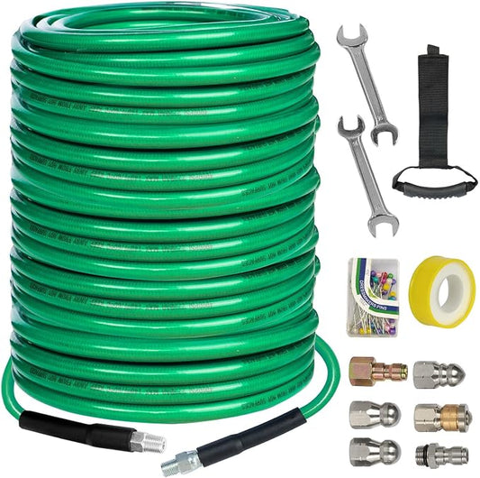 Hourleey Sewer Jetter Kit for Pressure Washer 200FT, 4000 PSI Drain Cleaner Hose 1/4 Inch NPT, Corner Rotating and Button Hose Sewer Jetting Nozzle Pearl Corsage Pin Tape Handle Strap Spanner, Green