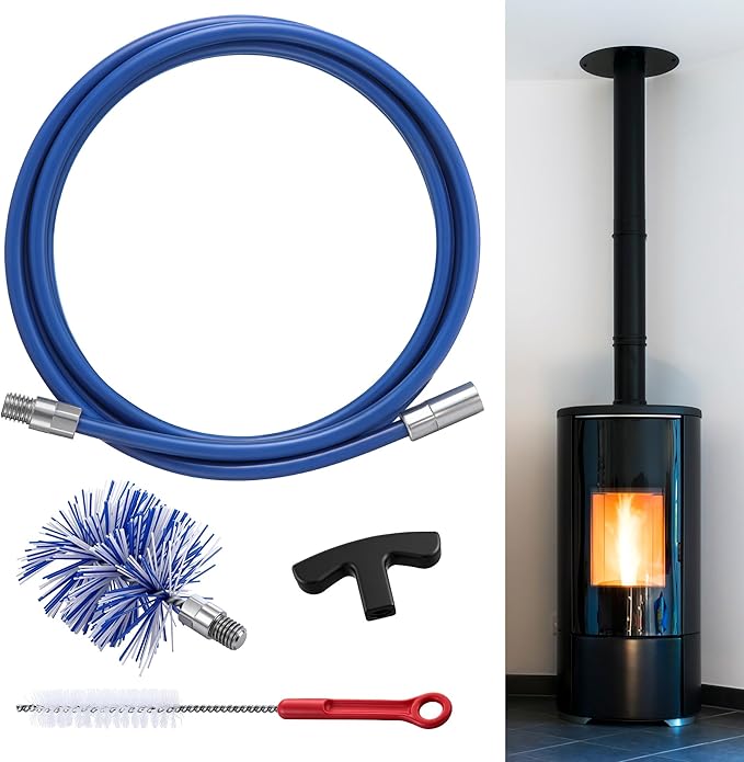 Dreyoo Pellet Stove Cleaning Brush Kit, 10 FT Flexible Steel Rod with 3" Brush Head, T Handle, Multi Purpose Flue Detail Cleaner, Nylon Stove Flue Pipe Kit for Pellet Furnace Exhaust Pipes