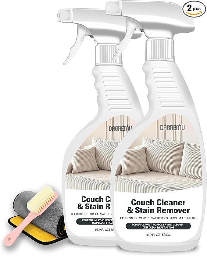 Couch Cleaner Stain Remover Spray - Multi-Surface Fabric Upholstery Cleaner | Pet Safe, Non Toxic, Quick Drying. Professional Strength for Sofa, Couch and Carpet - Includes Brush and Towel (2 Pack)