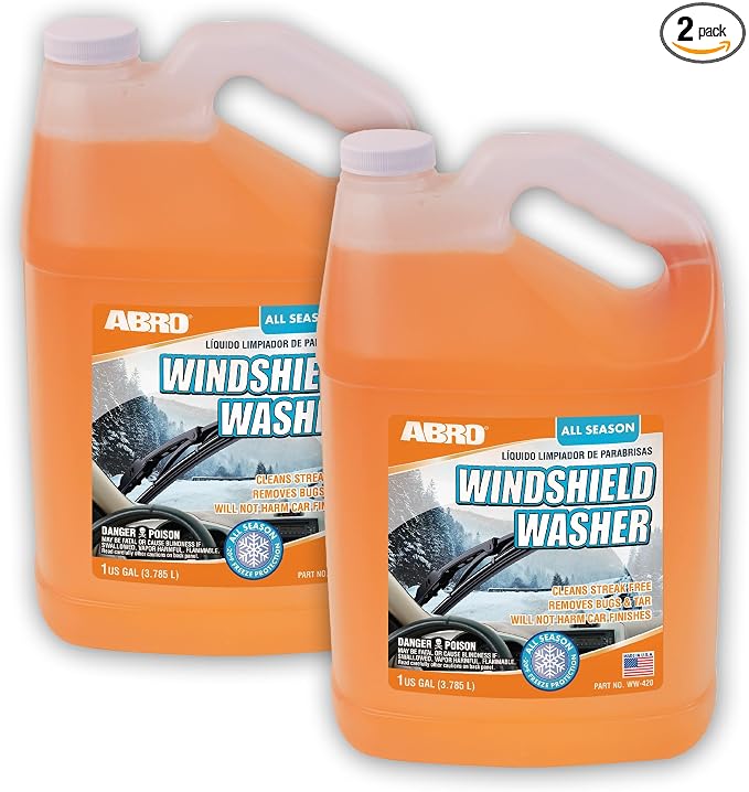 ABRO Windshield Washer Fluid 1 Gallon, Streak-Free Bug Remover, 2 Pack | Ready-to-use fluid cuts bug splatter, dirt and road grime for clear, streak-free glass; safe for wipers and paint