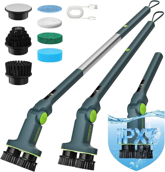 Electric Cleaning Brush, Dual Head Power Brush Scrubber with Infrared Control, 8-in-1 Cordless Power Scrubber for Bathroom & Shower, Electric Scrubber with Adjustable Handle for Bathtub, Tile, Floor