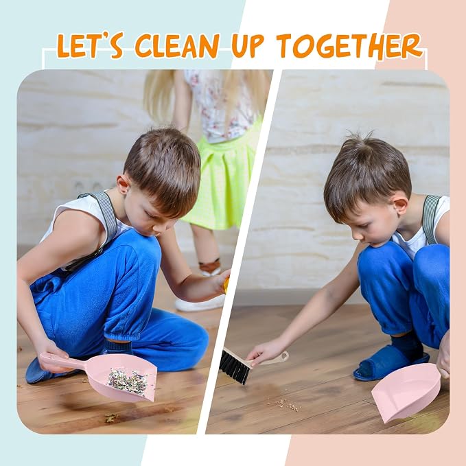 Sliner 18 Pack Mini Dustpan Brush Set Small Broom Set Bulk,Pink | Nesting Snap Plastic Dust Pans with Brush, Small, Handheld, Portable, Cleaning, Suitable for Desktop Pets Care Camping
