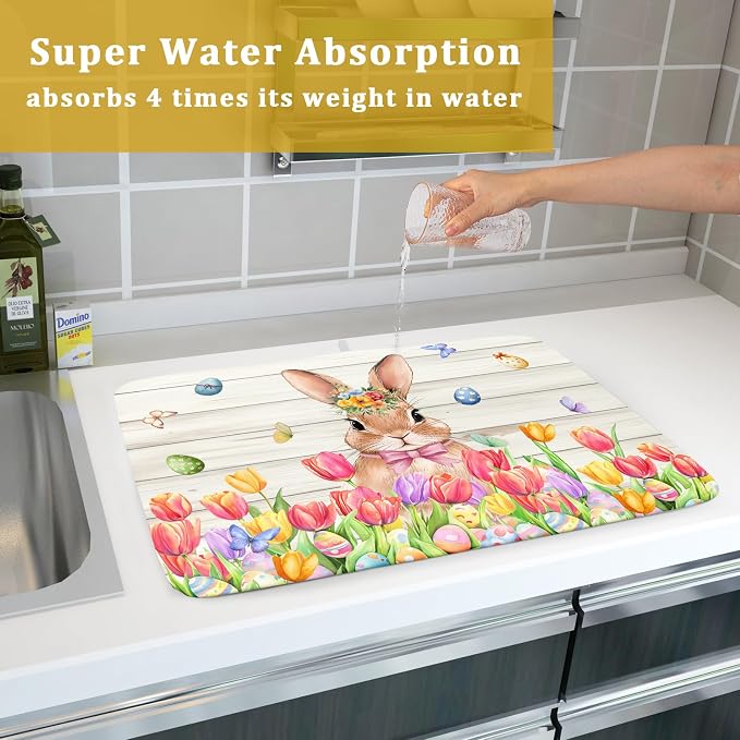 Easter Bunny Dish Drying Mat 18x24 inch Eggs Floral Fast Drying Pad Washable Reversible Microfiber Dish Drainer Mats for Kitchen Counter