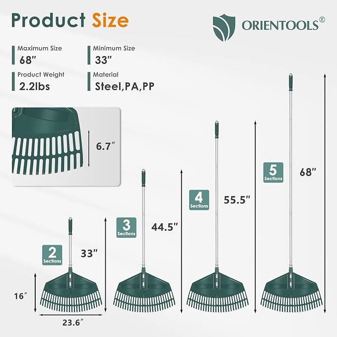ORIENTOOLS 69" Adjustable Leaf Rake with 5-Section Handle, 26-Tine Durable Plastic Head, Dual-Use Design Converts to Leaf Scoops, Lightweight Yard Rake for Lawns, Grass, Shrubs & Garden Cleanup
