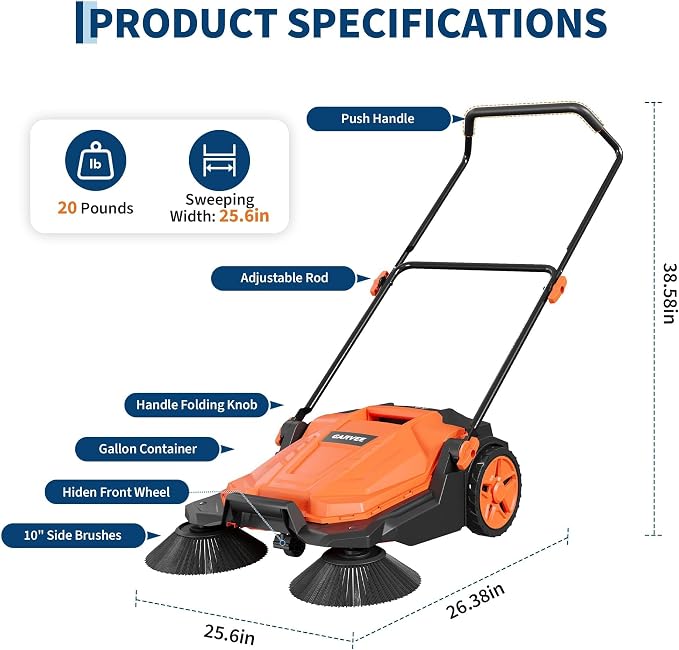 Professional Walk-Behind Push Floor Sweeper, 25.6" Manual Non-Electric Sweeper with Large Capacity Dustbin,Adjustable & Foldable Handle