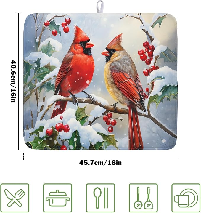 Winter Cardinal Birds Dish Drying Mat, Holly Berry Branches Dish Drying Mat for Kitchen Counter, Red Birds Absorbent Fast Dry Dish Drainer Mat Protector Xmas Microfiber Dish Drying Pad 16x18 Inch