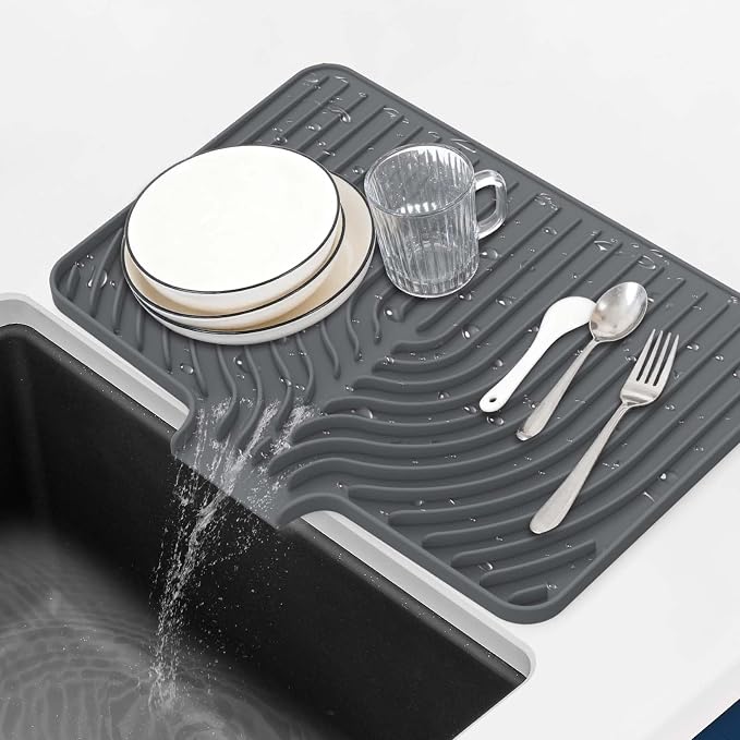 GUUKIN Silicone Dish Drying Mat,17.7" x 11.8 " Drying Matt Kitchen Counter, Dish Drying Rack Mat, Easy Clean Pad for Countertop Protection, Multi-Functional Use, Not applicable Bumps up sink (Grey)