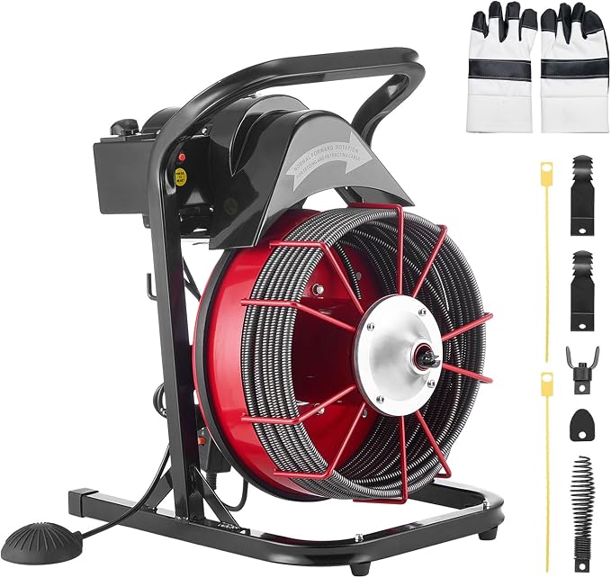 VEVOR Drain Cleaner Machine 75 FT x 1/2 Inch Sewer Snake Auger Manual Feed | Efficient Clog Clearing for 2" to 6" Pipes, Solid Core Steel Cable, with 4 Cutters & Air-activated Foot Switch