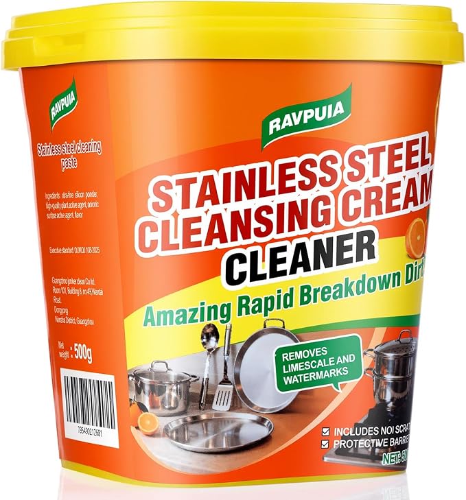 STAINLESS STEEL CLEANER & POLISH - Heavy Duty Cleaning Paste for Stove, Oven, Pans, Cookware, Sink | All Purpose Multi-Purpose Household Cleaner | Removes Grease & Stains | with 2 Sponges (500g)