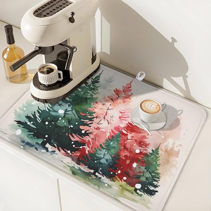 Christmas Dish Drying Mat for Kitchen Counter Xmas Theme Red Green Watercolor Trees Dish Drainer Mat Rustic Farmhouse Winter Holiday Absorbent Washable Drying Pad 18"x24"