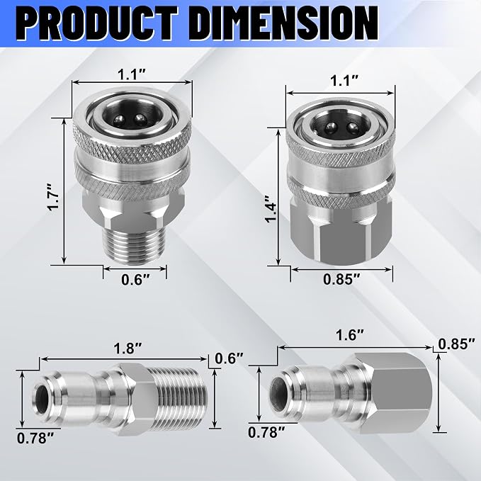 Pressure Washer Quick Connect 3/8 Inch,Stainless Steel 3/8" NPT Male Thread Quick Connect Hose Fittings Adapter, 8 Pieces