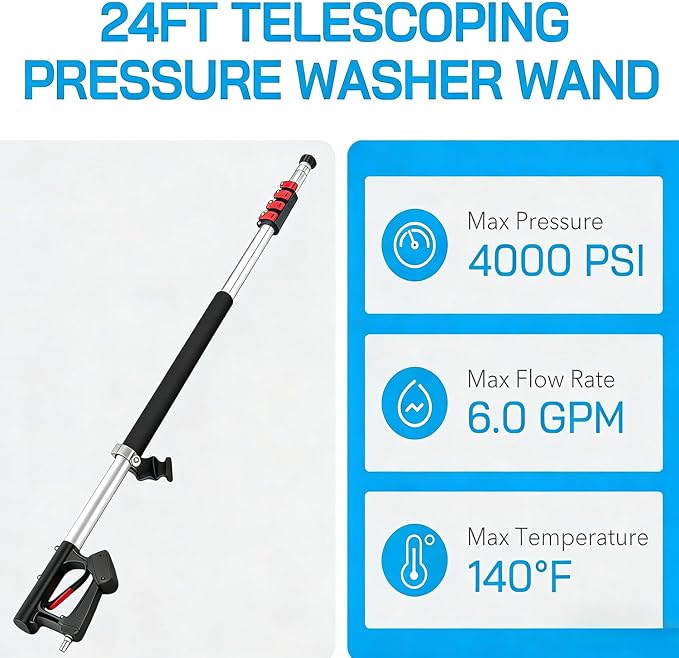 Hourleey 24 FT Telescoping Pressure Washer Wand, Power Washer Extension Wand with Brush Head, Gutter Cleaner, 3 Curve Wands, Adjustable Support Belt, Pivoting Coupler, 7 Spray Nozzles, 4000 PSI