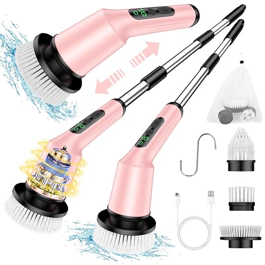 Electric Spin Scrubber for Cleaning Bathroom, Shower Scrubber Cordless Cleaning Brush with IPX7 Waterproof & 2 Speed, 3 Brush Heads, Bathroom Cleaning Supplies for Shower Tub Kitchen Tile Toilet Pink