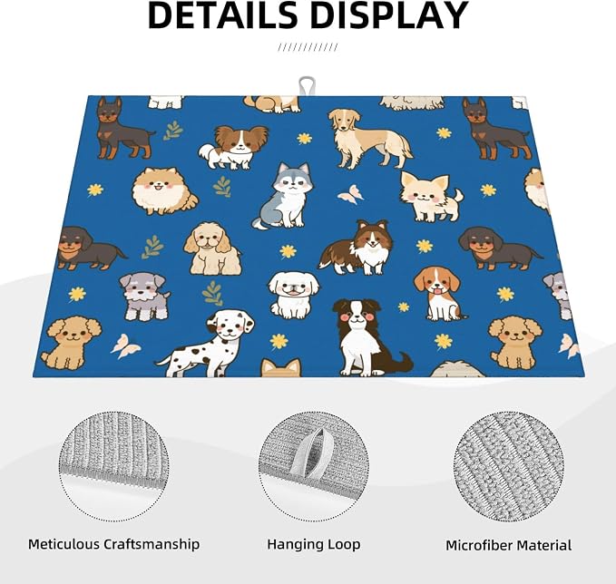 Cute Puppy Dog Dish Drying Mat 18 x 24 Inch for Kitchen Counter Cute Kitchen Mat Microfiber Kitchen Countertop Absorbent Reversible Drainer Rack Pad Dish Drying Mat