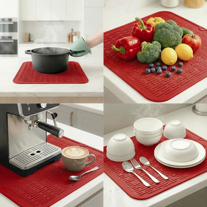 MicoYang Silicone Dish Drying Mat for Multiple Usage,Easy clean,Eco-friendly,Heat-resistant Silicone Mat for Kitchen Counter or Sink,Refrigerator or Drawer Liner Red XL 18 inches x 16 inches