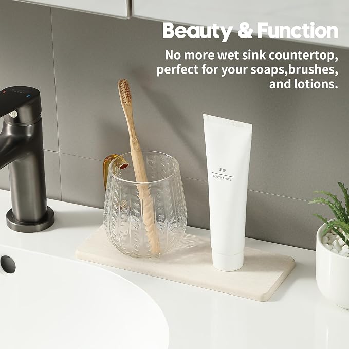 2PCS Beige Bathroom Sink Vanity Trays, Water Absorbing Diatomite Stone Drying Soap Dish Dispenser for Kitchen Counter, Sponge Holder Mat Rack Faucet Splash Guard Caddy Organizer, 9"x3.5"