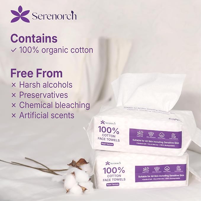 100% Cotton Disposable Face Towels, 360 Count | Soft Cotton Tissues for Sensitive Skin, Makeup Remover Dry Wipes, Lint-Free Facial Cleansing Cloths, Hanging Bag