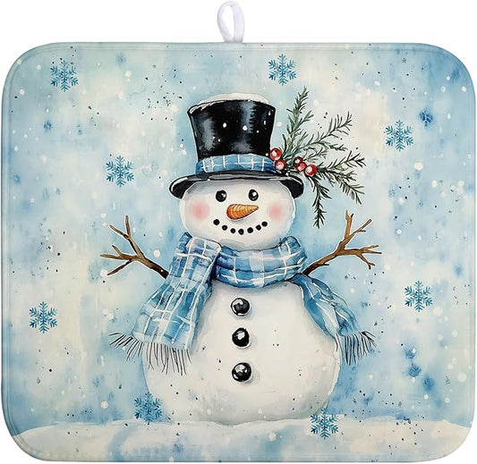 Blue Snowman Snowflake Christmas Dish Drying Rack - 16x18 Inch Absorbent Microfiber Mat for Home Coffee Bar