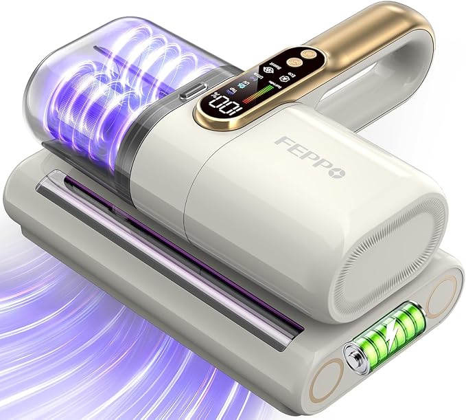 FEPPO Cordless Mattress Vacuum Cleaner, 18Kpa Bed Vacuum with 253.7nm UV-C Light, Ultrasonic, Dust Sensor & LED Display, 52800 BPM Handheld Vacuums for Bed, Sofa, Couch, Crib