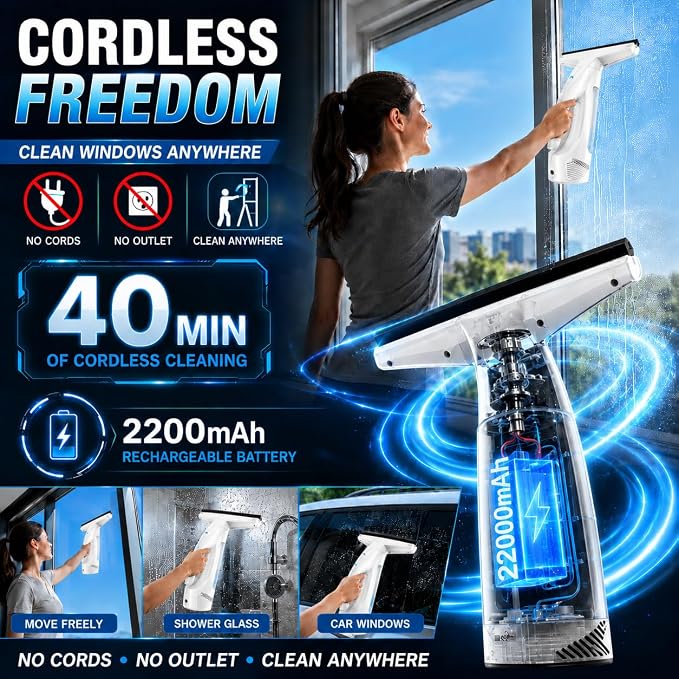 Window Vacuum Squeegee Cordless,Electric Window Cleaner with Extension Pole | Streak-Free Glass Cleaner for Shower Doors,Windows,Mirrors,Tiles,2000Pa Suction,2200mAh Battery,150ml Tank,2 Squeegee Blades.