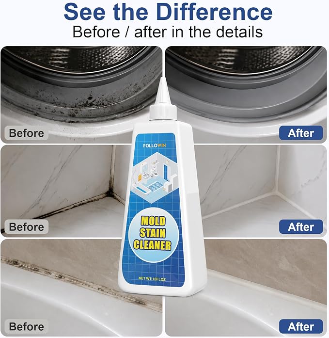FOLLOWIN Mold and Mildew Remover Gel, Household Stain Cleaner for Washing Machine Seal, Bathroom Grout, Shower Tile, Kitchen Sink, Silicone Caulk - Non-Drip, Deep-Penetrating Formula, 16 oz