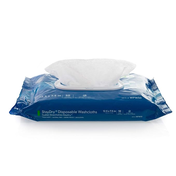 McKesson StayDry Pre-Moistened Disposable Wipe - Large Adult Body and Incontinence Washcloths with Aloe and Vitamin E, Alcohol-Free, 50 Wipes Per Pack