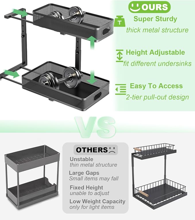 Under Sink Organizer 2 Pack, High Adjustable 2 Tier Under Sink Organizers and Storage, Slide out Metal Cabinet Organizers, Pull out Storage Drawer Shelf for Kitchen Bathroom Cabinet (Black-1pack)