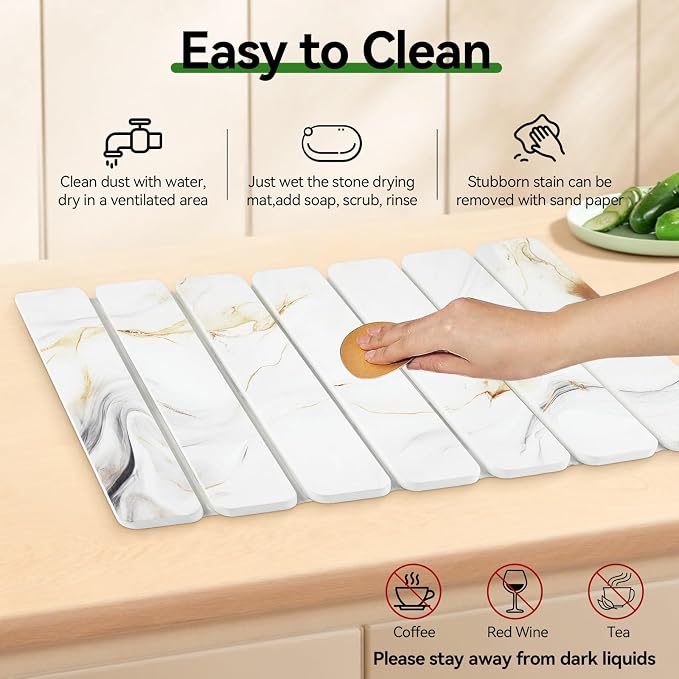 Large Stone Drying Mat for Kitchen Counter, 16"x12" Collapsible Diatomaceous Earth Drying Mat, Instant Absorbent Dish Drying Pad, Stone Drying Rack Space Saver Drying Board for Kitchen Sink, White