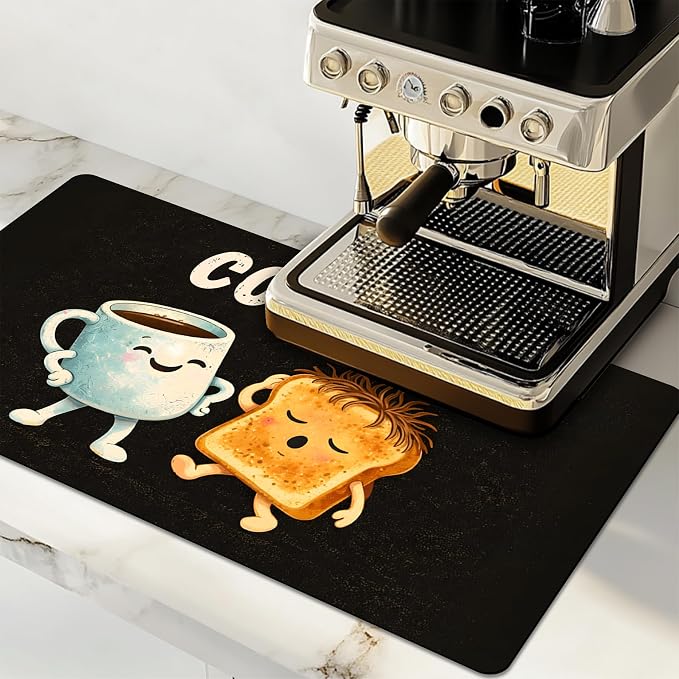 Dish Drying Mat Large Coffee Mat Absorbent Drying Mat for Kitchen Counter Coffee Bar Accessories 32"x 17", Coffee and Bread 2