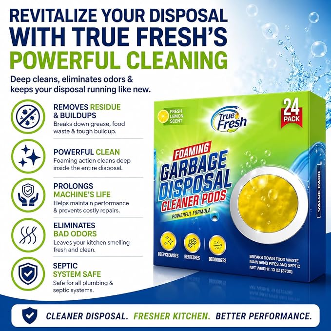 True Fresh Foaming Garbage Disposal Cleaner Pods, Fresh Lemon Scent, 24 Pack (24, Fresh Citrus Scent)