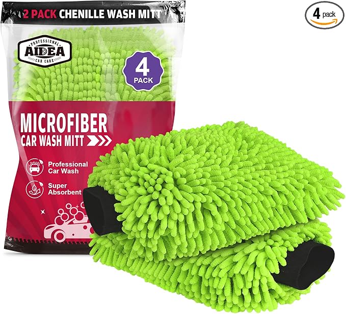 AIDEA Car Wash Mitt Microfiber, 4PK, Car Wash Brush, Green, 7.12''X10.14'' | Scratch Free Lint-Free, Premium Chenille Microfiber Mitt, Cleaning Supplies, Regular Size