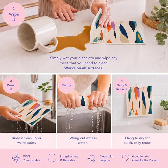 Harps&Seb Swedish Dishcloths for Kitchen Dishcloths - 6 Pack, Reusable Paper Towels with Clips, Super Absorbent Washable Non-Scratch Swedish Dish Towels, No Odor, Biodegradable