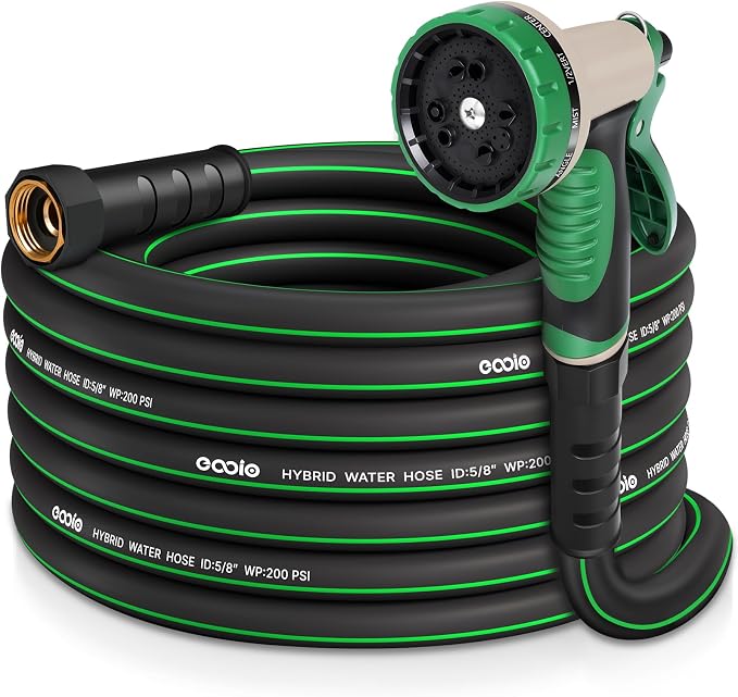 Garden Hose 25 ft x 5/8" with Nozzle, Water Hose Heavy Duty Flexible, Lightweight Kink-less Hybrid Hose with Swivel Handle, Male to Female Fittings