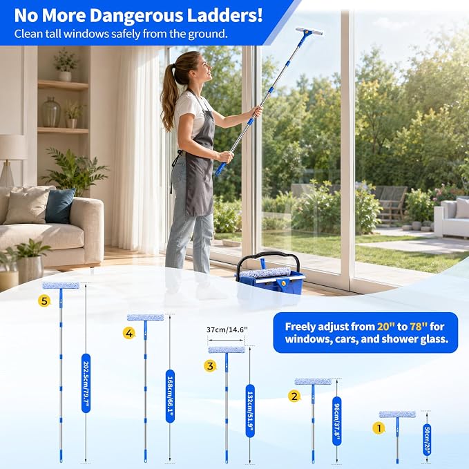 Window Cleaning Kit with 3 Gal Cleaning Bucket, Professional 14" Window Squeegee & 15" Window Scrubber with 78" Extension Pole, 18 PCS Glass Cleaning Tool Set for Home, Outdoor Car Window Cleaner
