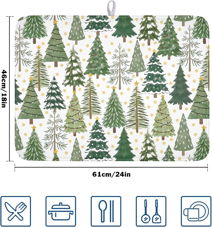 Christmas Dish Drying Mat 18x24 Inch Green Xmas Tree Winter Snowflake | Polyester，Absorbent Microfiber，for Kitchen Coffee Dining Bar Decor