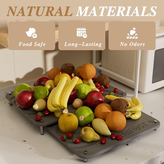 VERIFOST 2 Pcs Large Gray Stone Dish Drying Mat with Acacia Wood Holder Stand for 1 Inch Cutting Board and Fast Stone Drying Mat for Kitchen Counter with Non-slip Feet