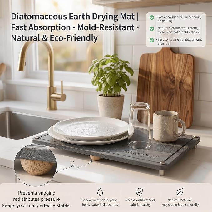 Stone Drying Mat 24"x16" Stone Dish Drying Mat for Kitchen Counter | Natural Diatomaceous Earth Absorbs Fast While Elevated Steel Feet Improve Airflow And Curved Wood Supports Prevent Sagging