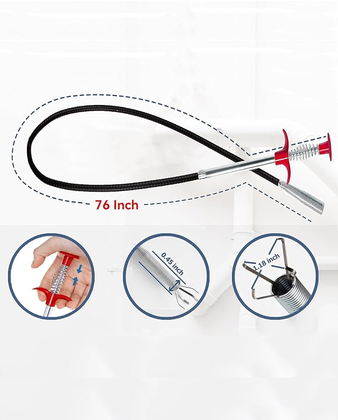 76-Inch Toilet Snake, Flexible Grabber Claw for Sink, Shower, Tub | 76-inch flexible 4-claw drain grabber for loose hair, food debris and small objects in sinks, showers, tubs and toilets.