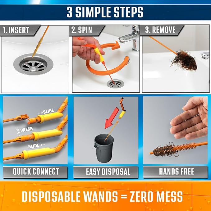 FlexiSnake Drain Weasel Sink Snake Hair Clog Remover Tool Kit, 3 Wands | Pipe, Bathroom, Bathtub Cleaner, 18-inch Long Refills, Flexible, Removable Handle, Made in The USA
